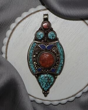Vintage Tibetan Mosaic Sterling Silver Inaly Pendant 31.9G / 3.5in